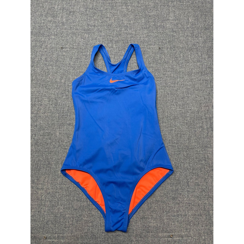 Nike Girls Blue Orange One Piece Swimsuit Racerback Keyhole Size 14 Large
